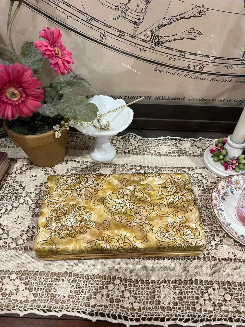 Vintage Decorative Olive Green Jewelry Box Organizer with Gold Accents